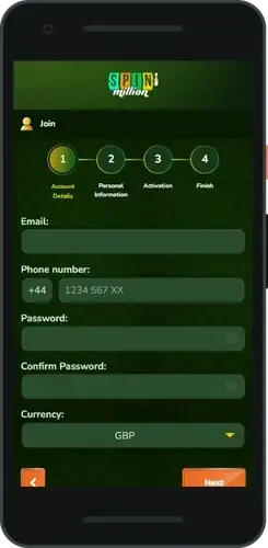 SpinMillion app home screen on a phone